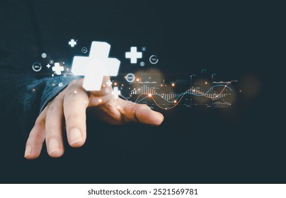plus sign icon floating in the air on hand It symbolizes the introduction of positive elements such as personal development, social profit, health insurance and a growth mindset.