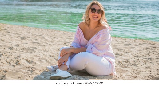 Plus size American blonde woman at nature, enjoy the life, walk at beach. Life of people xl size, happy nice natural beauty woman