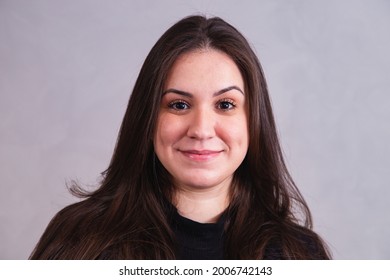 Plus Size Caucasian Woman Looking At Camera. Beautiful Chubby Woman Smiling