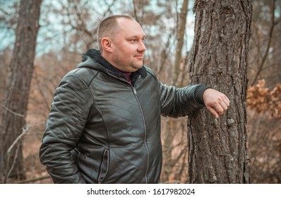 Plus Size European Man At Forest, Portrait Of Handsome Man