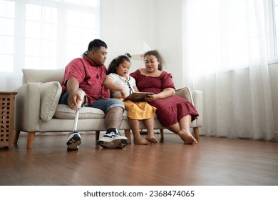 A plus size family with a father wearing a prosthetic leg, Give a gift to a daughter who does well in school and receives acclaim from her teachers, in the living room of the house. - Powered by Shutterstock