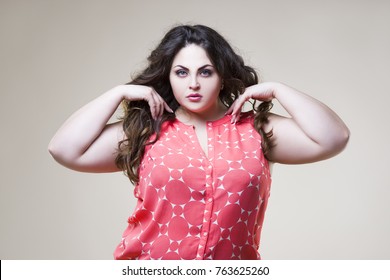 Plus Size Fashion Model In Casual Clothes, Sexy Fat Woman On Beige Studio Background