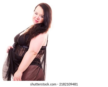 Plus Size Fat Woman Wearing Black Lace Lingerie. Overweight Voluptuous Model In Underwear Set Clothing On White