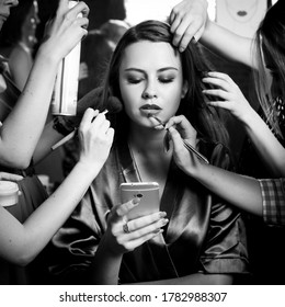 Plus Size Model Get Prepared To Runway Fashion Show By Make Up Artist. Black And White Backstage Concept