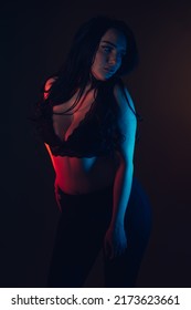 Plus Size Sexy Fashion Model In Lingerie, Fat Woman With Big Natural Breast Lying On Black Studio Background, Overweight Female Body