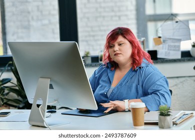 A plus size woman with pink hair works at her computer. - Powered by Shutterstock