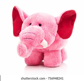 Plush Pink Elephant Toy For Little Kids Isolated On The White Background With Shadow Reflection. Front View Of Soft Pink Animal Toy For Small Kids For Playing. Stuffed Pink Elephant