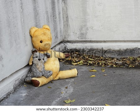 Plush puppy cuddled next to worn vintage teddy bear left leaning against a concrete wall next to fallen leaves. Comforted. Where was Ted Left. Bryanston, South Africa 2023-05-08