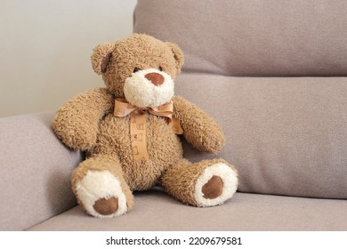 Plush Toy Teddy Bear Sits On A Sofa