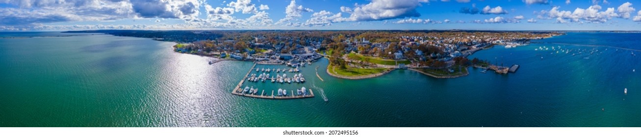 Plymouth Bay and Plymouth Village Historic District panoramic aerial view, including Antique ship Mayflower, in town center of Plymouth, Massachusetts MA, USA. 
