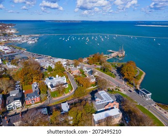 Plymouth Bay and Plymouth Village Historic District aerial view, including Antique ship Mayflower, in town center of Plymouth, Massachusetts MA, USA. 