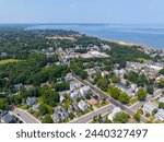 Plymouth beach aerial view with Kingston Bay at the background at Plymouth Harbor, Plymouth, Massachusetts MA, USA. 