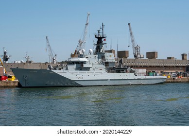 Plymouth, Devon, England, UK. 2021, HMS Mersey A River Class Off Shore Patrol Vessel, Protects The UK Fishing Rights, Alongside In Devonport Dockyard, Plymouth, UK