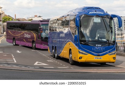 Plymouth, Devon, England, UK. 2022. Holiday Tour Coaches Parked Close To The Barbican Area Of Plymouth, UK