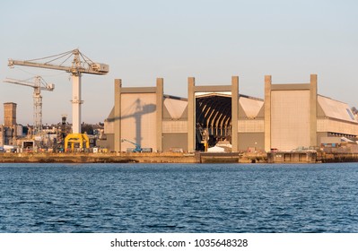 Plymouth, Devon, England, UK. Devonport Naval Dockyard On The Hamoaze. February 2018