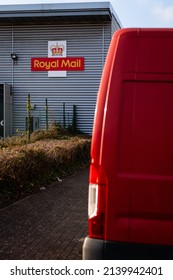 Plymouth, Devon, UK - Dec 19th 2021: Royal Mail, Mail Centre (depot), Red Transit Postal Van Parked Outside Loading Bay.