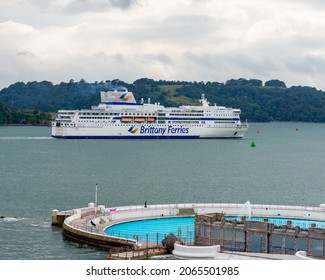 Plymouth, Devon UK - July 30 2019: View Of Brittany Ferries Arriving. Tinside Lido (outdoor Swimming Pool) In Foreground.