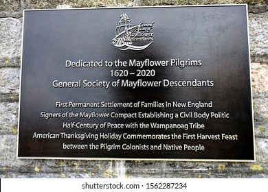 Plymouth England. General Society of Mayflower Descendants. Bronze plaque at departure point for Pilgrim Fathers. 400th anniversary. To Mayflower descendants. On The Barbican at Mayflower Steps