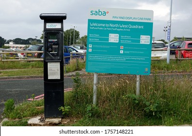 Plymouth England. June 2020. Derriford University Hospital. Car Park Showing Signage On Notice Board With Tariff, And Payment Machine.