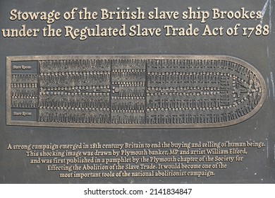 Plymouth England March 2022. Large Bronze Tablet Detailing The Stowage Of Slaves On The Slave Trading Ship Brookes Under The Regulated Slave Trade Act Of 1788.                               