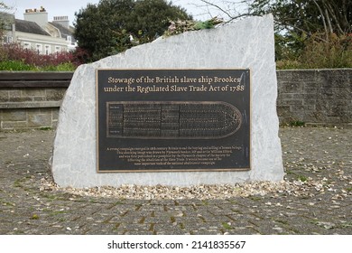 Plymouth England March 2022. Large Bronze Tablet Detailing The Stowage Of Slaves On The Slave Trading Ship Brookes Under The Regulated Slave Trade Act Of 1788.                               