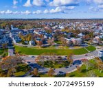 Plymouth historic town center aerial view on Main Street in fall, Plymouth, Massachusetts MA, USA. 