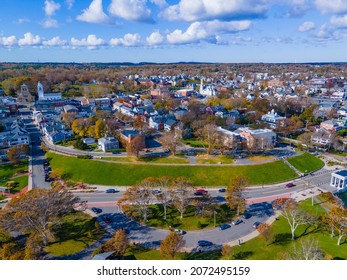 Plymouth historic town center aerial view on Main Street in fall, Plymouth, Massachusetts MA, USA. 