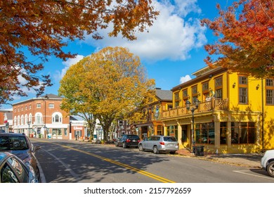 PLYMOUTH, MA, USA - NOV. 5, 2021: Historic commercial building at 53 Main Street in historic town center of Plymouth, Massachusetts MA, USA. 