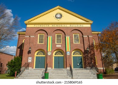PLYMOUTH, MA, USA - NOV. 5, 2021: Plymouth Memorial Hall at 83 Court Street in historic town center of Plymouth, Massachusetts MA, USA. 