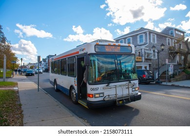 PLYMOUTH, MA, USA - NOV. 5, 2021: GATRA (Greater Attleboro Taunton Regional Transit Authority) bus on Court Street in historic town center of Plymouth, Massachusetts MA, USA. 