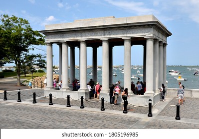 Plymouth, Massachusetts, USA - July 11, 2018: The Plymouth Rock Portico constructed over the iconic Plymouth Rock which marks the landing site of the Mayflower Pilgrims from Europe in 1620.