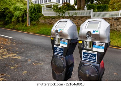 Plymouth, Massachusetts, USA - September 12, 2022: Coin Fed Curb Parking Meters..