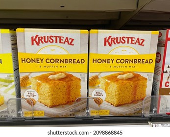 Plymouth, Minnesota - December 30, 2021: Krusteaz Honey Cornbread Baking Mix On Display For Sale At A Supermarket Grocery Store