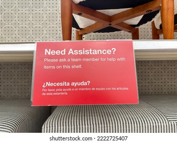 Plymouth, Minnesota - October 30, 2022: Sign Asking Customers To Ask A Team Member For Assistance With Purchasing Large, Heavy Furniture Items At A Target Store