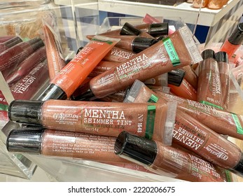 Plymouth, Minnesota - October 8, 2022: Display Of CO Bigelow Mentha Shimmer Lip Gloss Tint For Sale At A Bath And Body Works Store