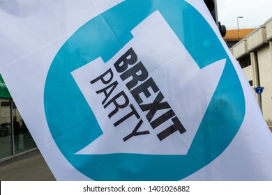 Plymouth UK. 18/5/19: A Brexit Party Flag Poins Downwards On A City Street.