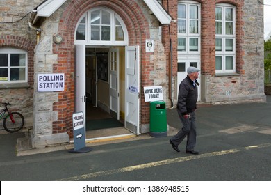 Plymouth UK. 2/5/19:  A voter leaves a polling station in a primary school.