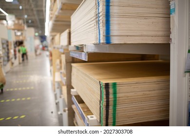 Plywood Of Different Sizes In The Store Shelf.