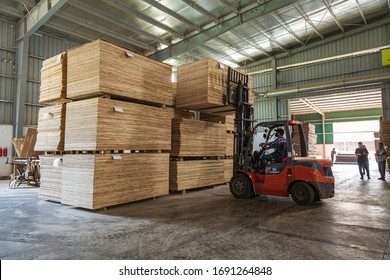 At a plywood factory, Dong Hoi City, Quang Binh Province, Vietnam - March 31, 2020: Forklifts are loading