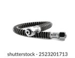 Pneumatic hose, car air brake hose, hydraulic hose, hose with a protective sheath for the technical needs of industry. White background, close-up, selective focus