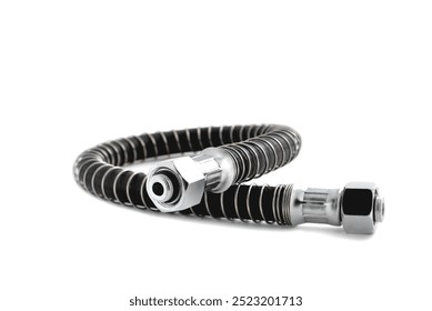 Pneumatic hose, car air brake hose, hydraulic hose, hose with a protective sheath for the technical needs of industry. White background, close-up, selective focus - Powered by Shutterstock