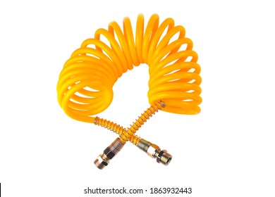 Pneumatic Hose Of A Truck For Supplying Compressed Air From A Tractor To A Trailer, Car Accessories, Car Parts, Yellow Color  White Background Close-up