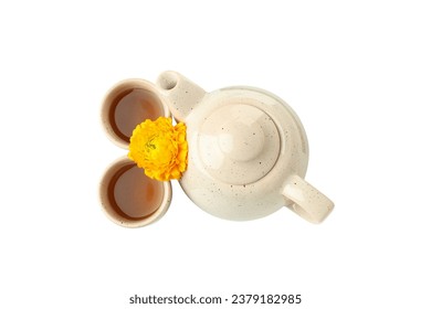 PNG, concepto de té asiático, dos tazas y tetera, aislados en fondo blanco.
