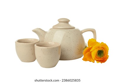 PNG, concepto de té asiático, dos tazas y tetera, aislados en fondo blanco.