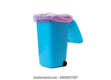 PNG, Blue trash can with bag, isolated on white background