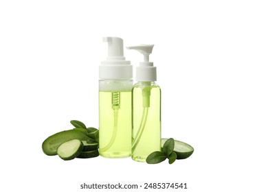 PNG, Bottles with cosmetics and sliced cucumber on white background