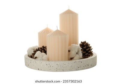 PNG, candles, cones and cotton on stand, isolated on white background