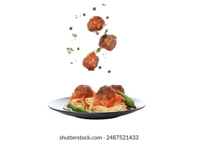 PNG, Concept of delicious food - pasta with meatballs, isolated on white background