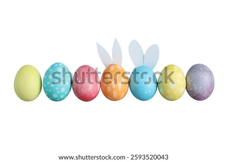 PNG, Easter, set of painted Easter eggs with rabbit ears, isolated on white background