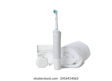 PNG, Electric toothbrush, towel, glass and dental floss, isolated on white background